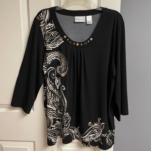 Alfred Dunner Black Paisley Tunic Top, 3/4 Sleeve, Womens Large